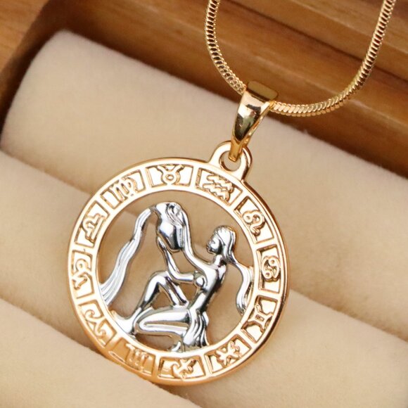 "Rose Gold Aquarius Zodiac Pendant Featuring Water Bearer Symbol, XPPT1455 - Picture 1 of 12